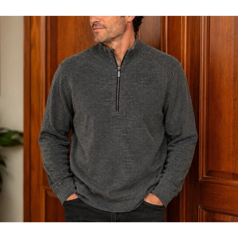 Tommy Bahama Reversible Men's 1/4 Zip Gray Rib Knit Pullover Sweater Medium